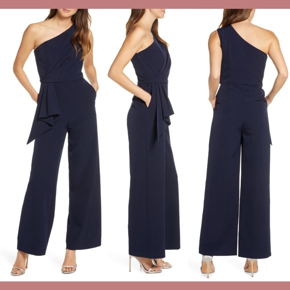 NEW $148 Eliza J One-Shoulder Laguna Crepe Jumpsuit in Navy Blue [SZ 2‎ ] - Picture 1 of 14
